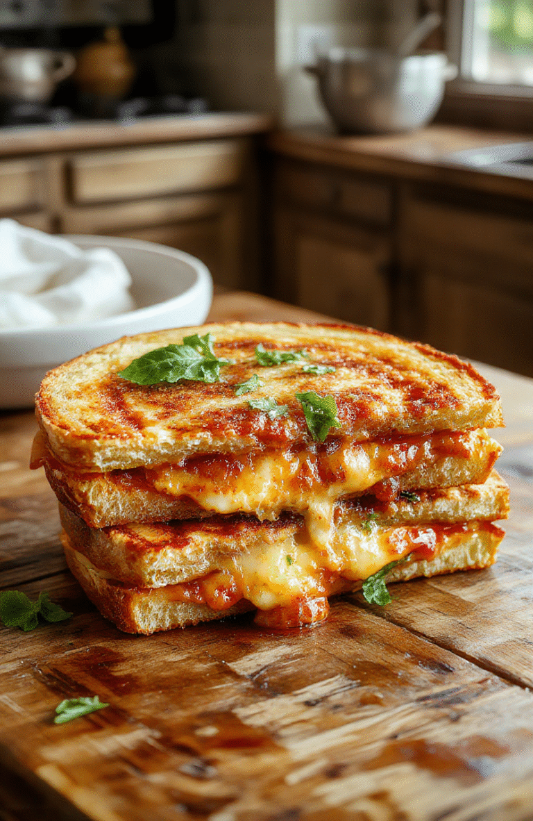 Golden brown crispy pizza grilled cheese cut in half on a white plate, melted mozzarella oozing from between two slices of toasted sourdough, tomato sauce swirls on the plate, basil leaf garnish, oregano, rustic wooden table, bright natural light.