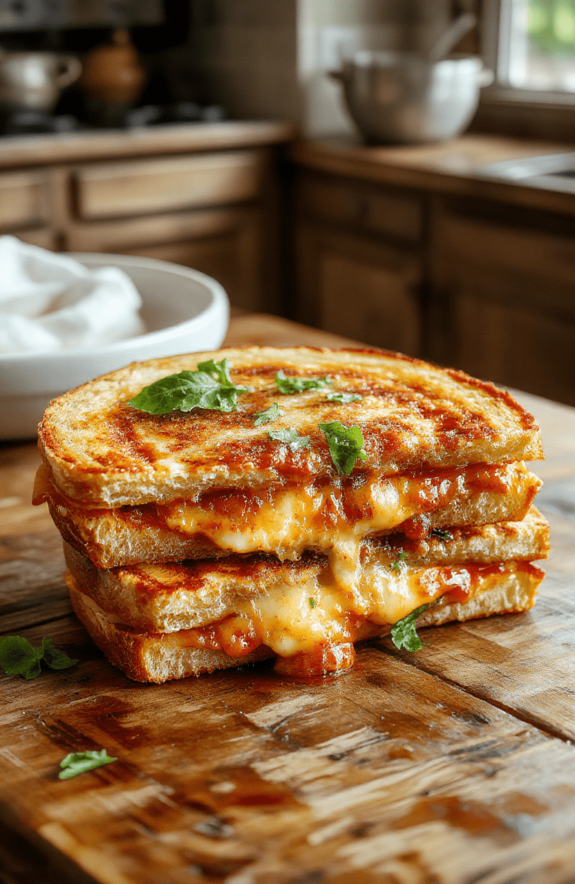 Golden brown crispy pizza grilled cheese cut in half on a white plate, melted mozzarella oozing from between two slices of toasted sourdough, tomato sauce swirls on the plate, basil leaf garnish, oregano, rustic wooden table, bright natural light.