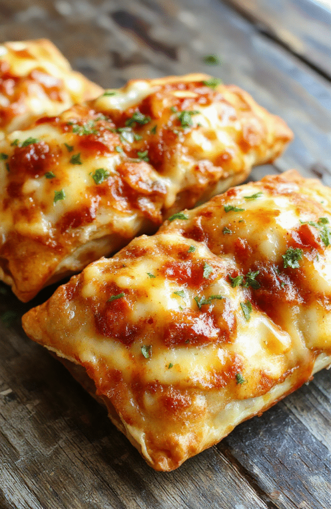 Golden-brown Crispy Pizza Hot Pockets on a wooden board, melted cheese oozing from the seams with diced chicken and pepperoni peeking out, a glossy olive oil sheen, oregano dusting, and a bright marinara dip off to the side. The rustic setup highlights the crisp crust, tender filling, and restaurant-worthy presentation.