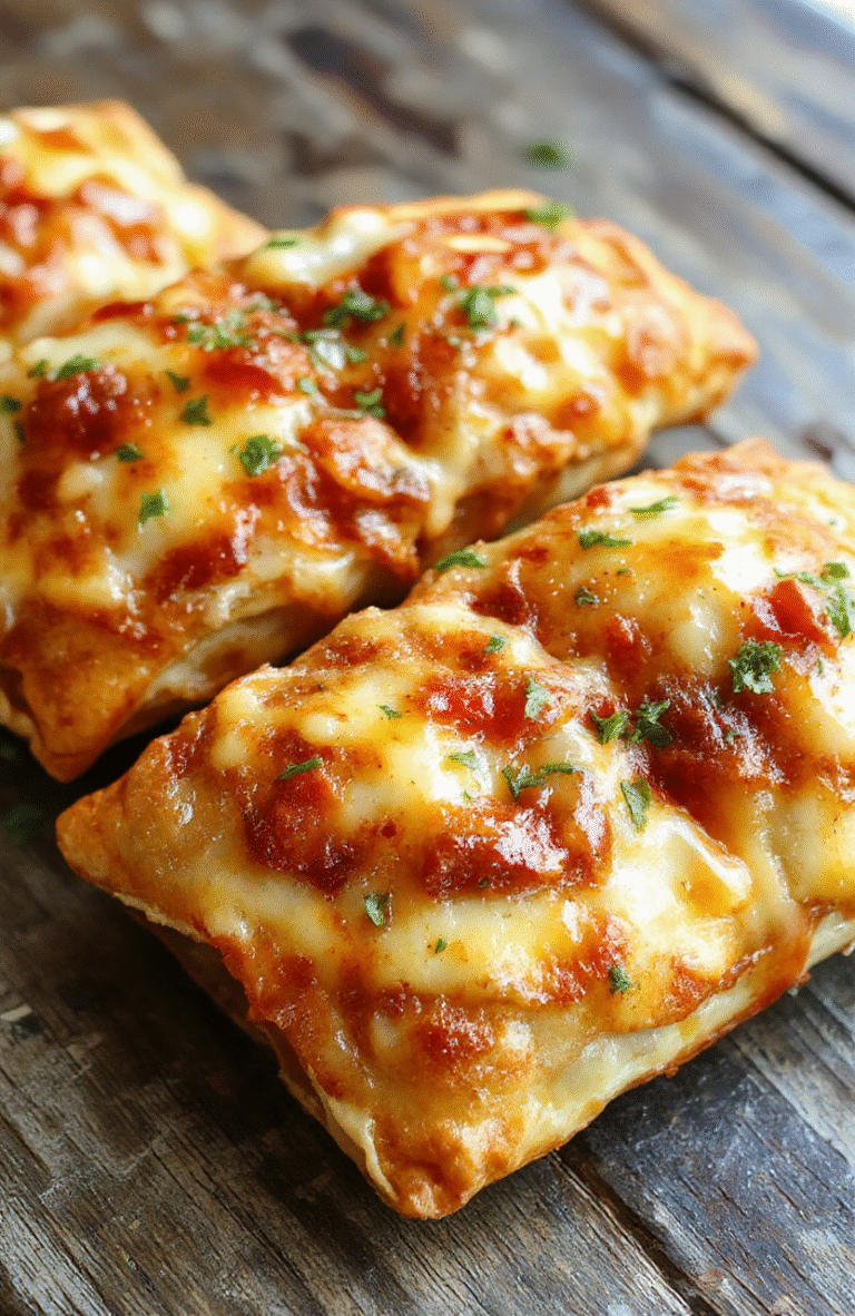 Golden-brown Crispy Pizza Hot Pockets on a wooden board, melted cheese oozing from the seams with diced chicken and pepperoni peeking out, a glossy olive oil sheen, oregano dusting, and a bright marinara dip off to the side. The rustic setup highlights the crisp crust, tender filling, and restaurant-worthy presentation.