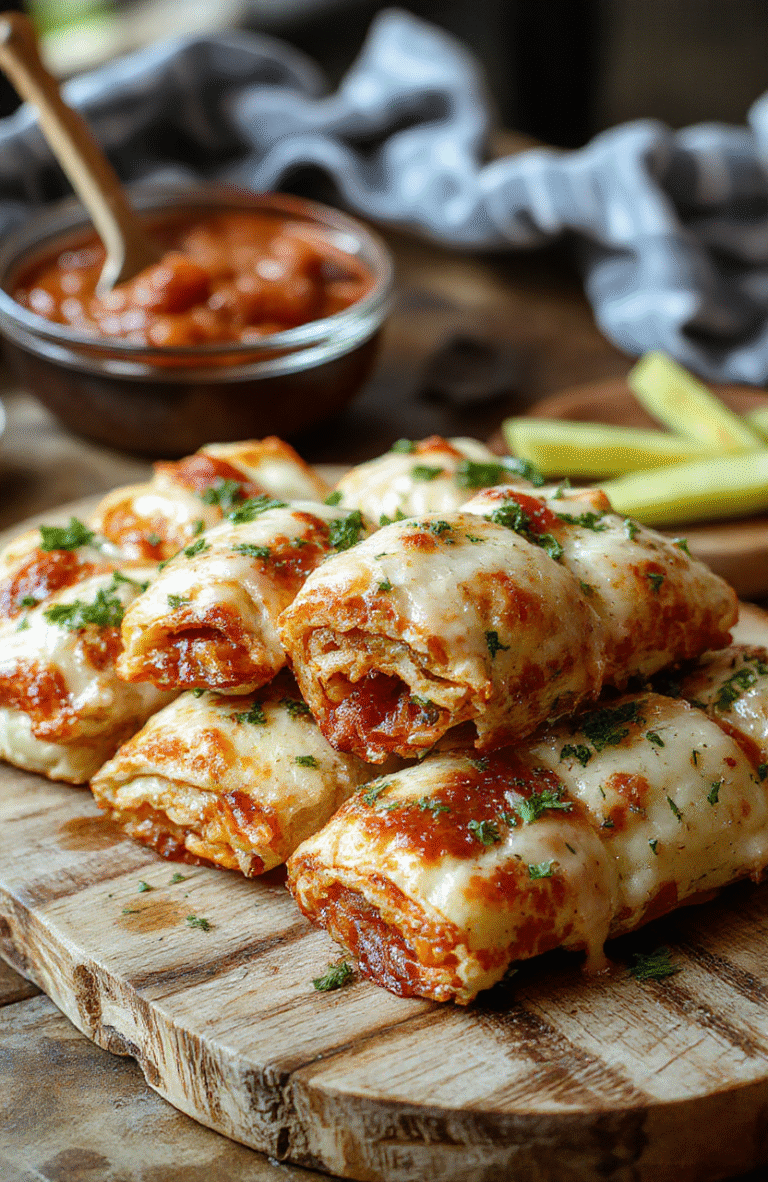 Golden brown crispy pizza rolls piled on a white plate with a side of marinara, melted mozzarella peeking out, sprinkled with oregano on a rustic wooden surface.