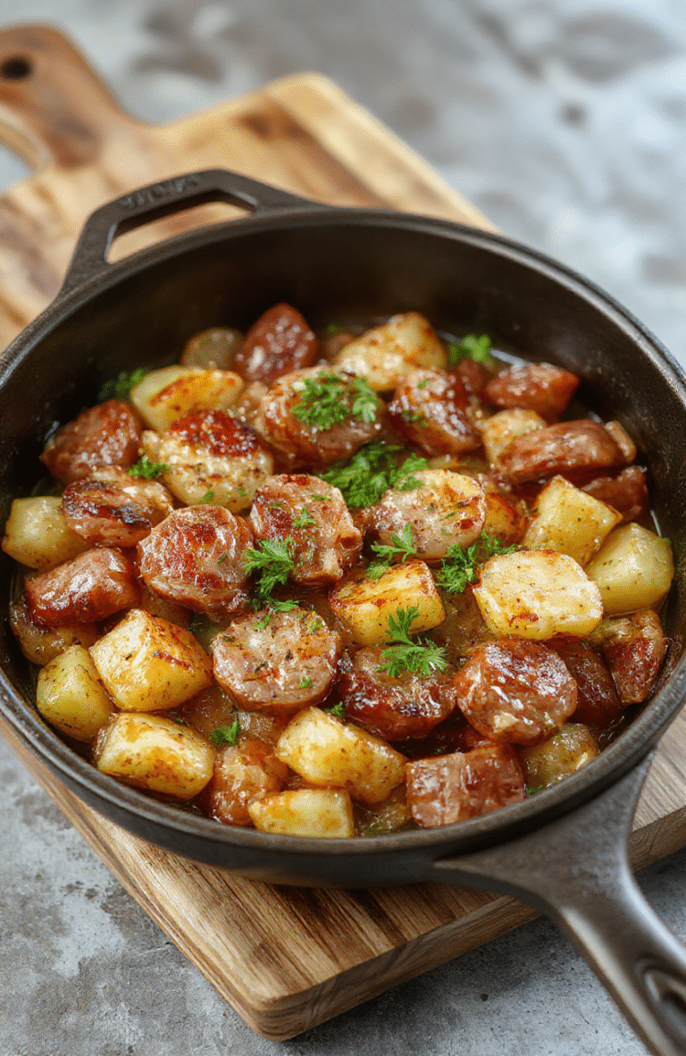 A skillet filled with golden potatoes and sliced Polish kielbasa, caramelized onions, and herbs, crispy edges, steam rising, on a rustic wooden table with a drizzle of oil.