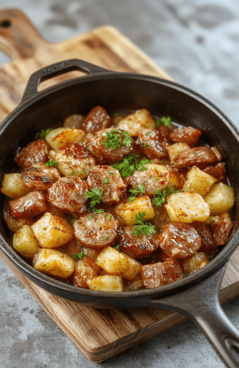 A skillet filled with golden potatoes and sliced Polish kielbasa, caramelized onions, and herbs, crispy edges, steam rising, on a rustic wooden table with a drizzle of oil.