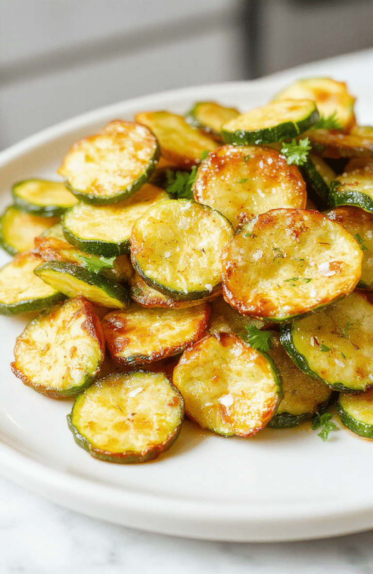 Thinly sliced zucchini coins baked to a crisp, golden edge, piled on a white plate with a light olive oil sheen. Seasoned with flaky sea salt, a hint of vinegar tang, and a few cracked pepper specks. The chips glow with a green rind and blistered golden centers, served on a rustic wooden board with a clean, airy kitchen backdrop.