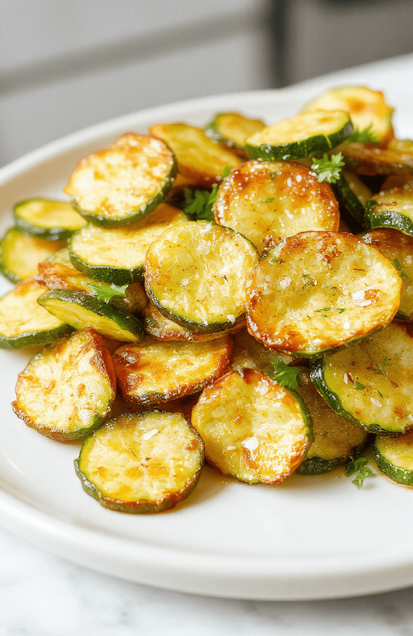 Thinly sliced zucchini coins baked to a crisp, golden edge, piled on a white plate with a light olive oil sheen. Seasoned with flaky sea salt, a hint of vinegar tang, and a few cracked pepper specks. The chips glow with a green rind and blistered golden centers, served on a rustic wooden board with a clean, airy kitchen backdrop.