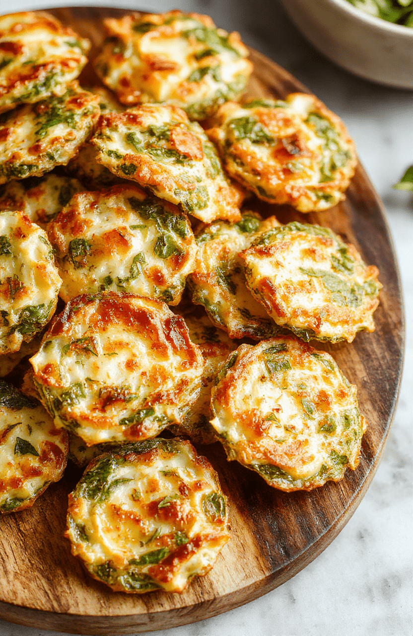 A plate of golden-brown Crispy Spinach Cheese Crisps on a white plate, with melted cheese peeking through, grated Parmesan sprinkled on top, and fresh spinach leaves on a rustic wooden board.