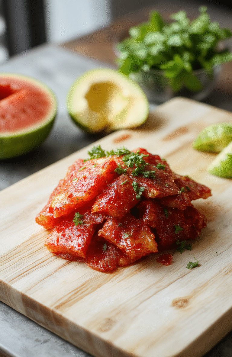 A white plate piled with bright pink watermelon fries, lightly dusted with lime juice and a pinch of sea salt, garnished with fresh mint on a light wooden board; crisp edges, juicy centers, and a glossy glaze from the lime, with a clean summer backdrop.