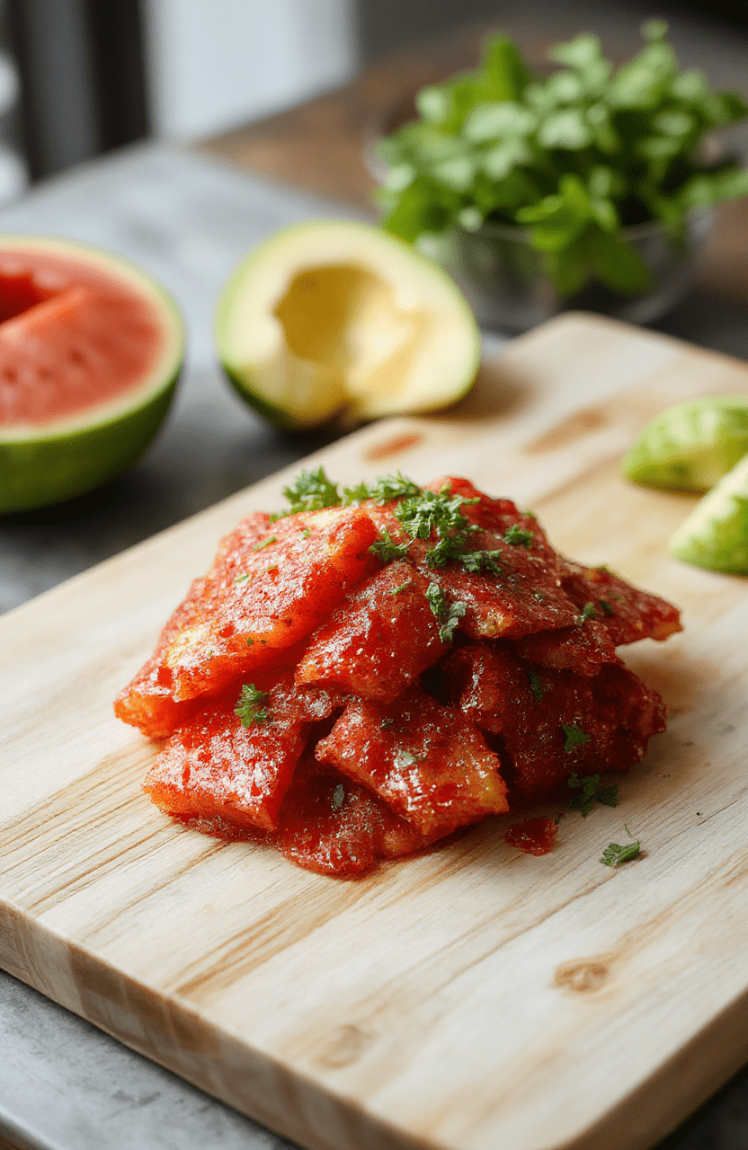 A white plate piled with bright pink watermelon fries, lightly dusted with lime juice and a pinch of sea salt, garnished with fresh mint on a light wooden board; crisp edges, juicy centers, and a glossy glaze from the lime, with a clean summer backdrop.