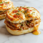 Golden-brown Croque Monsieur on a rustic wooden board, brioche slices with melty Gruyère and visible ham, glossy béchamel glaze, a sprinkle of cracked pepper and parsley, crisp edges, soft interior, and a small side of Dijon for contrast.