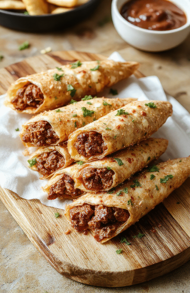 Golden, crispy beef cones arranged upright on a white platter, filled with seasoned beef and melted cheese, garnished with chopped green onions. Served on a rustic wooden board with lime wedges and diced tomatoes in the background, bright lighting highlights the textures of the crunchy shells and juicy filling.