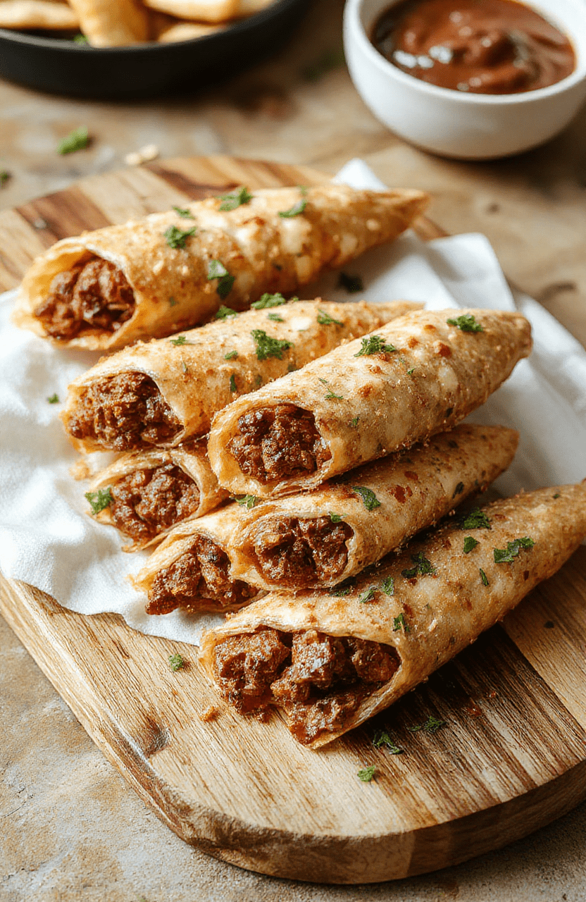 Golden, crispy beef cones arranged upright on a white platter, filled with seasoned beef and melted cheese, garnished with chopped green onions. Served on a rustic wooden board with lime wedges and diced tomatoes in the background, bright lighting highlights the textures of the crunchy shells and juicy filling.