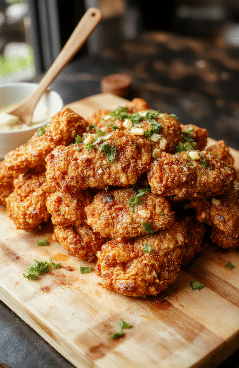 A glossy platter of Crunchy Korean Fried Chicken with a lacquered glaze sits on a white plate, sesame seeds sprinkled, and thinly sliced scallions adding green accents. The crust shows a crisp, golden batter with a hint of red glaze, accompanied by a lime wedge and a few pickled radish slices for color. The presentation rests on a dark wooden board for warm contrast.