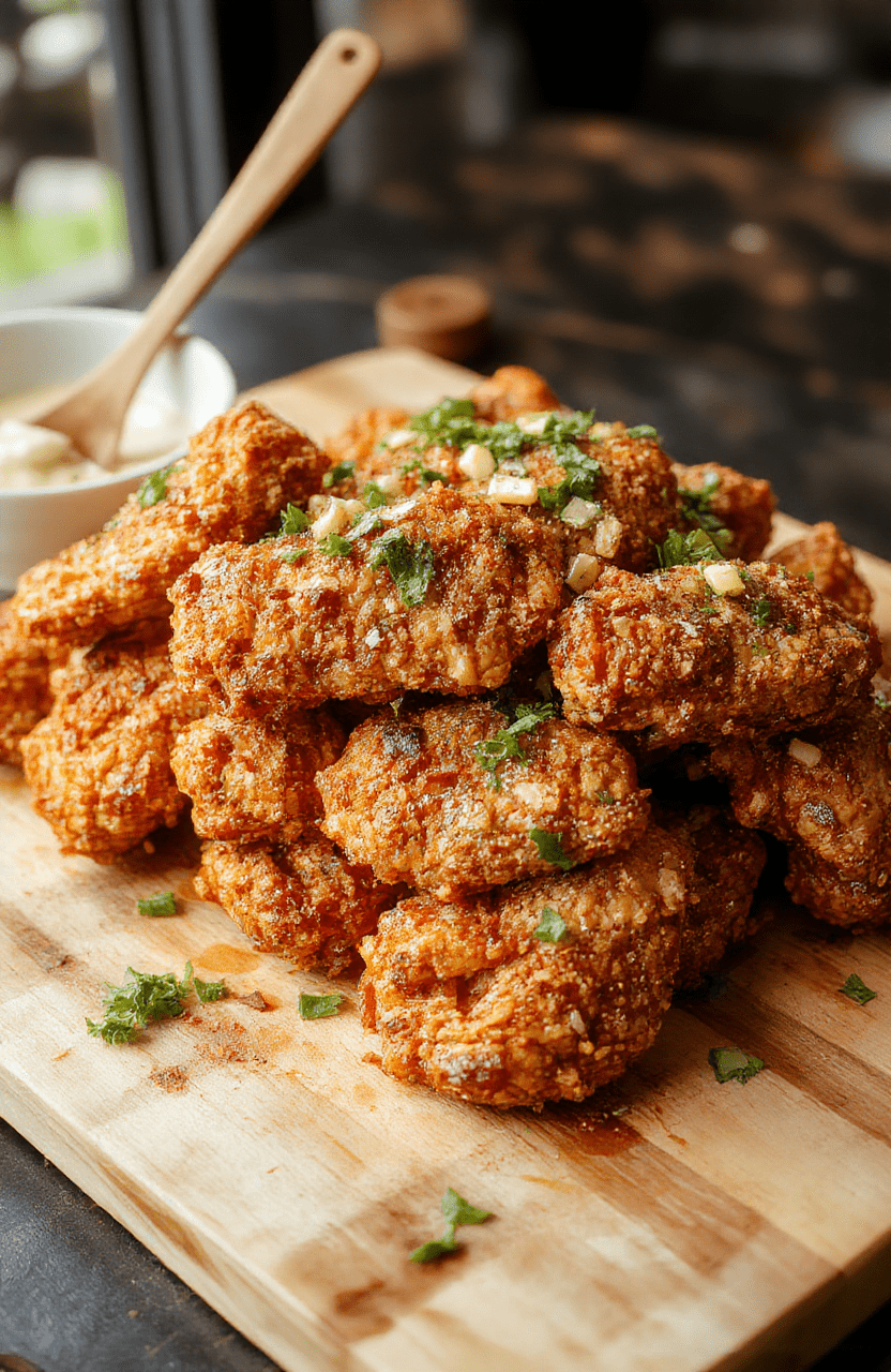 A glossy platter of Crunchy Korean Fried Chicken with a lacquered glaze sits on a white plate, sesame seeds sprinkled, and thinly sliced scallions adding green accents. The crust shows a crisp, golden batter with a hint of red glaze, accompanied by a lime wedge and a few pickled radish slices for color. The presentation rests on a dark wooden board for warm contrast.