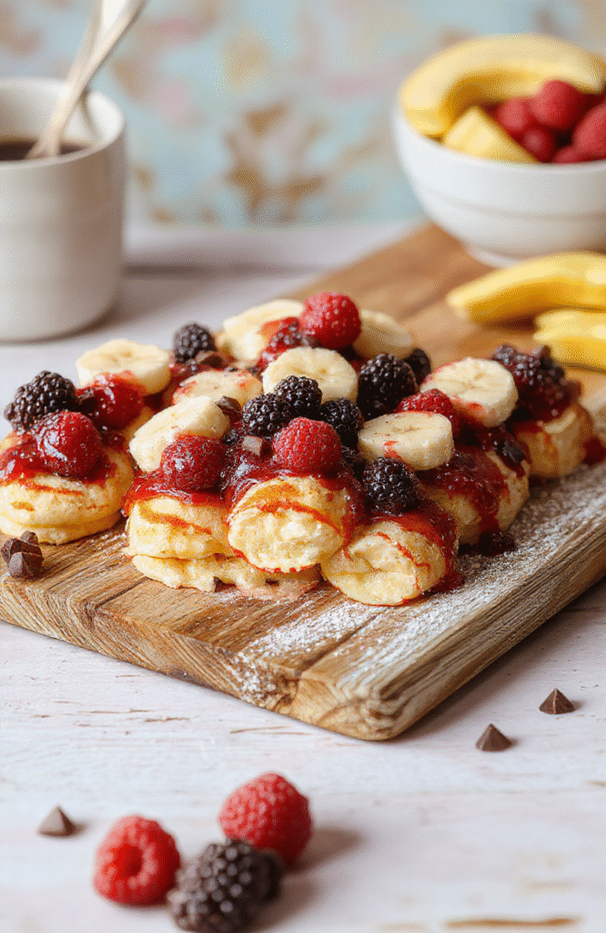 Bright plate of fluffy mini pancake skewers with strawberries, blueberries, and banana slices, drizzled with maple syrup. Colorful fruit, pastel backdrop, cheerful breakfast vibes.