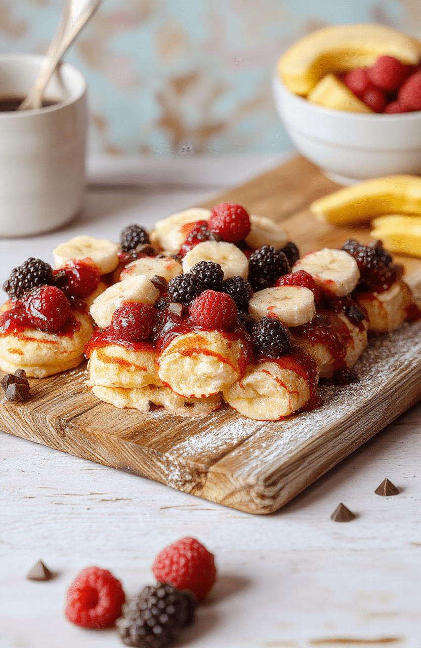 Bright plate of fluffy mini pancake skewers with strawberries, blueberries, and banana slices, drizzled with maple syrup. Colorful fruit, pastel backdrop, cheerful breakfast vibes.