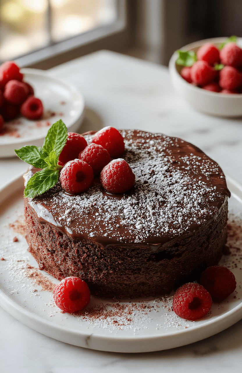 This image features a slice of decadent dark chocolate raspberry mousse cake plated on a white dish. The cake has a glossy ganache glaze over a rich, velvety mousse with visible dark chocolate crust edges. Raspberry coulis drizzles on the plate, scattered fresh raspberries, and a light dusting of cocoa powder. The scene is styled with a simple gold fork and a fresh mint leaf, set on a pale marble surface with warm, inviting lighting.