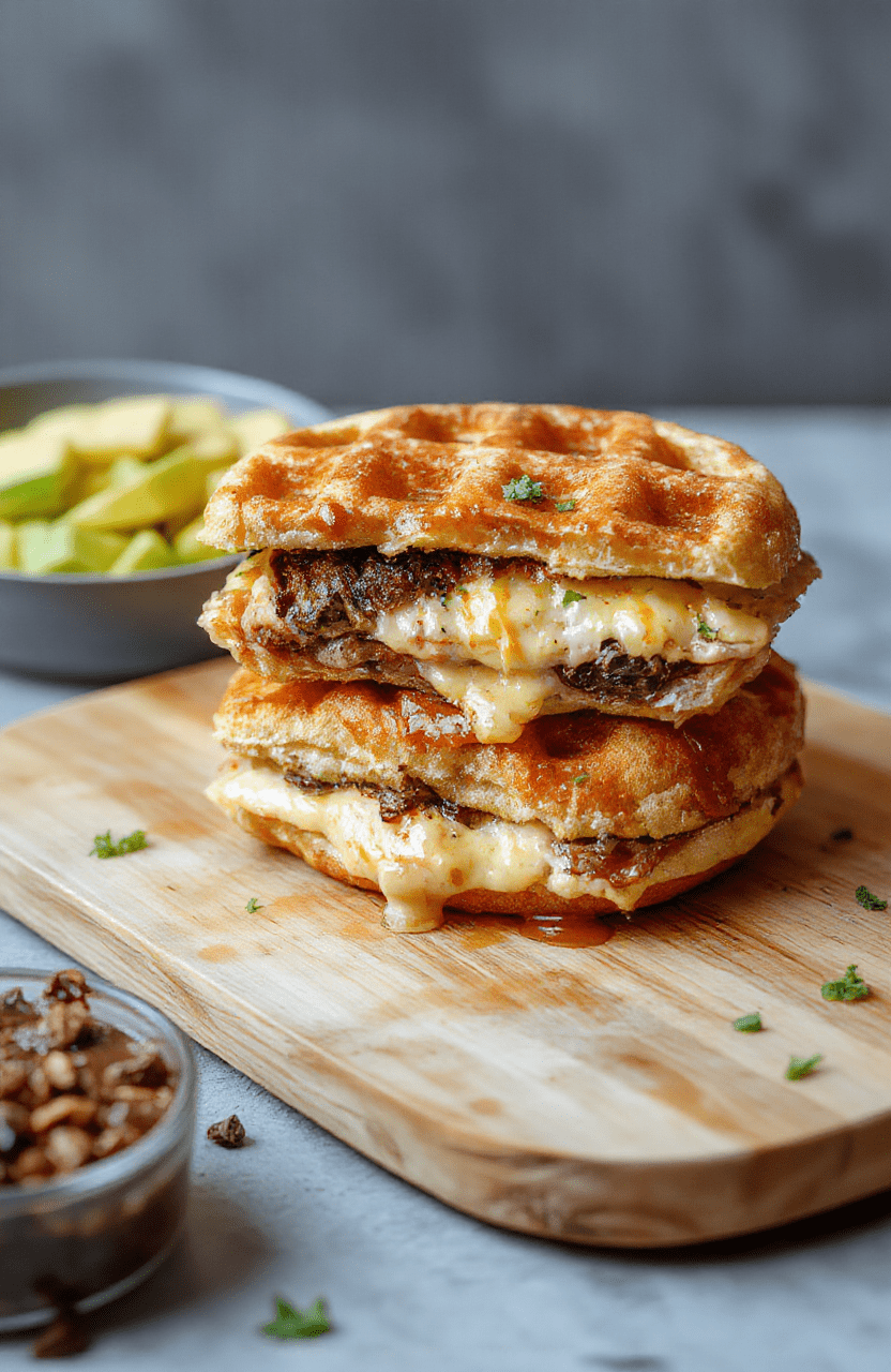 Golden protein waffle sandwich filled with scrambled eggs, cheddar, avocado, and greens on a white plate; waffles are fluffy and lightly speckled, with a hint of cinnamon and a glossy yogurt drizzle. Served on a light wood board with warm natural light and simple styling.