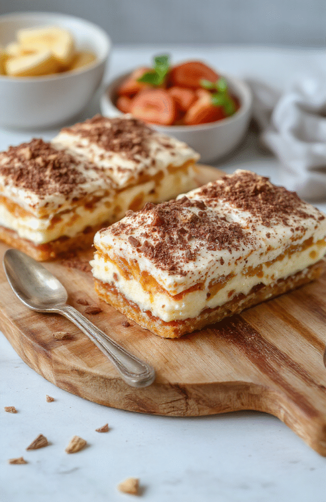 A glass dish of Easy Authentic Tiramisu sits on a white marble surface. Creamy mascarpone layers peek through coffee-soaked ladyfingers, dusted with cocoa powder and chocolate shavings. A cup of espresso and a biscotti rest nearby, with warm natural light highlighting the silky textures and rich contrast of coffee and cocoa.