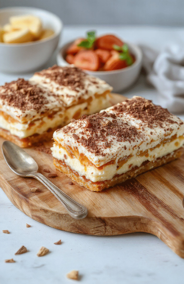 A glass dish of Easy Authentic Tiramisu sits on a white marble surface. Creamy mascarpone layers peek through coffee-soaked ladyfingers, dusted with cocoa powder and chocolate shavings. A cup of espresso and a biscotti rest nearby, with warm natural light highlighting the silky textures and rich contrast of coffee and cocoa.