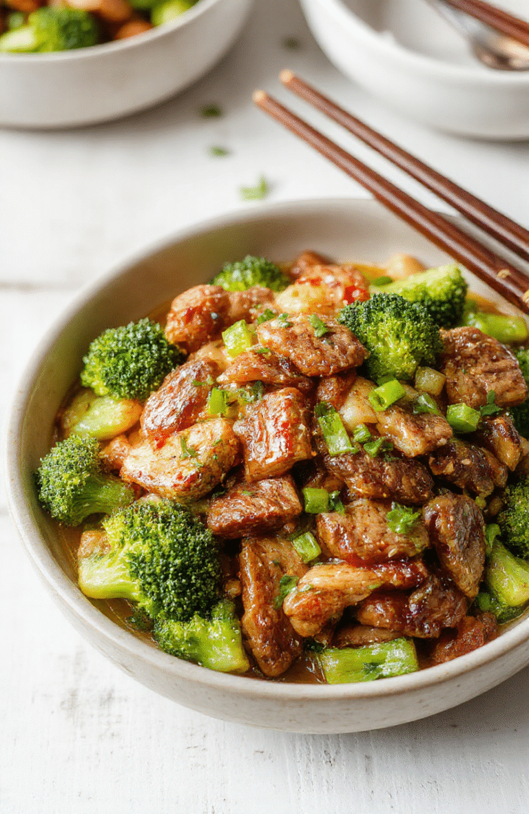 A glossy bowl of beef and broccoli lo mein sits on a light wooden table. Tender beef slices, emerald broccoli, and chewy lo mein noodles mingle in a savory soy glaze, finished with sesame seeds and thinly sliced scallions. The dish is artfully plated in a white porcelain bowl with a subtle drizzle of sauce and a light sprinkle of sesame oil.