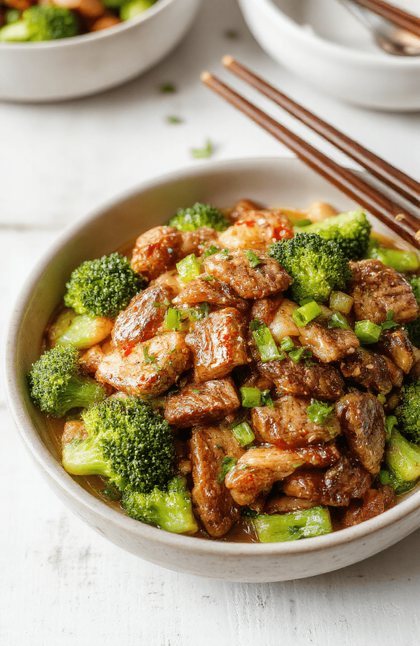A glossy bowl of beef and broccoli lo mein sits on a light wooden table. Tender beef slices, emerald broccoli, and chewy lo mein noodles mingle in a savory soy glaze, finished with sesame seeds and thinly sliced scallions. The dish is artfully plated in a white porcelain bowl with a subtle drizzle of sauce and a light sprinkle of sesame oil.