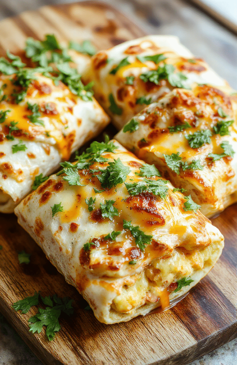 A close-up of four warm flour tortillas filled with creamy mashed potatoes and melted cheddar, rolled and sliced to reveal gooey cheese. Garnished with chopped cilantro and green onions, with a dollop of sour cream on the side. The burritos sit on a rustic wooden board with lime wedges and a light dusting of paprika for color, conveying a comforting, homestyle dinner.