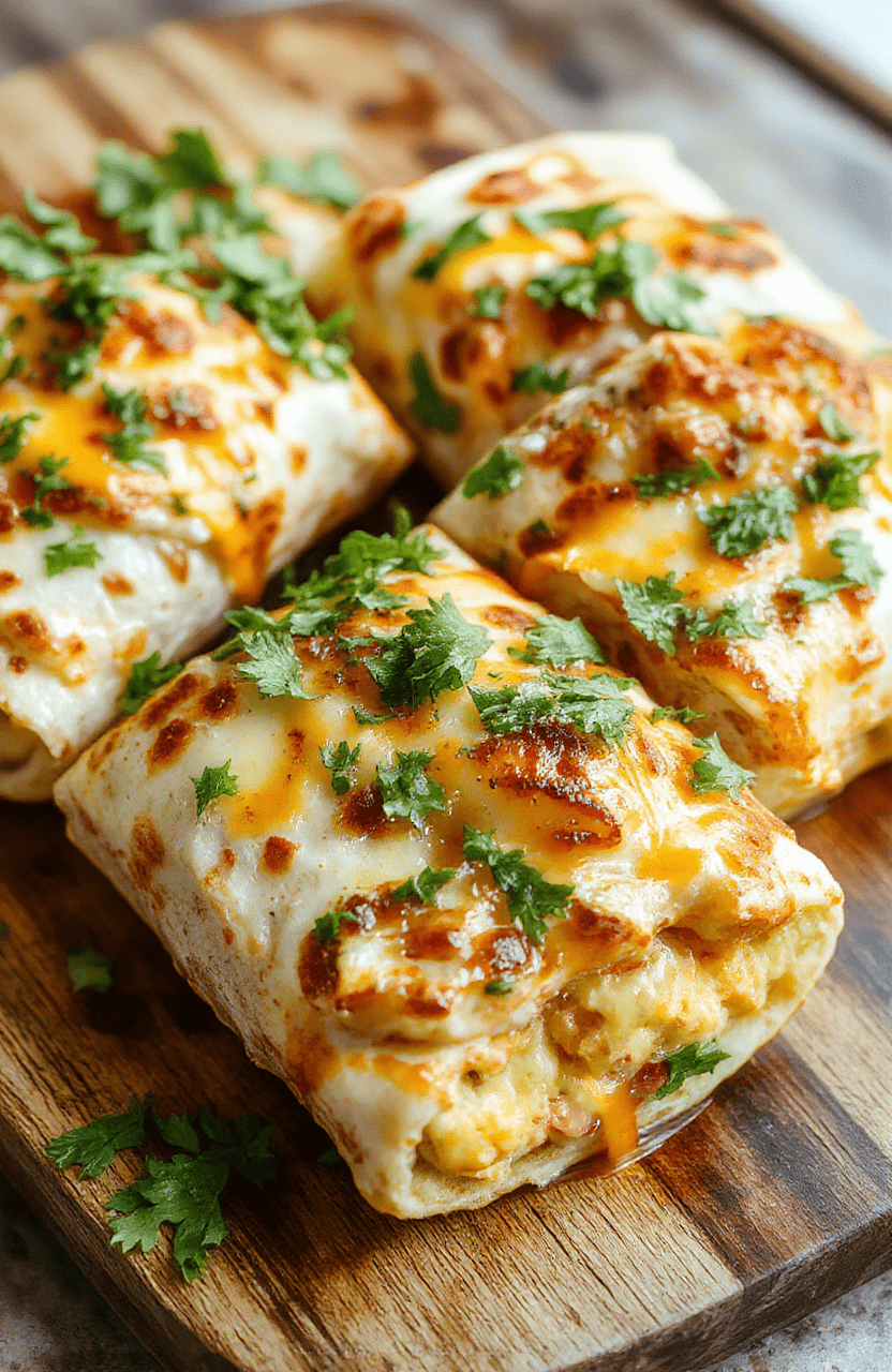 A close-up of four warm flour tortillas filled with creamy mashed potatoes and melted cheddar, rolled and sliced to reveal gooey cheese. Garnished with chopped cilantro and green onions, with a dollop of sour cream on the side. The burritos sit on a rustic wooden board with lime wedges and a light dusting of paprika for color, conveying a comforting, homestyle dinner.