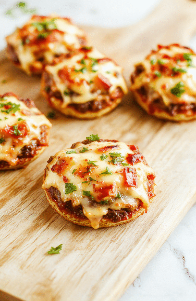 Golden-brown mini pizzas with bubbling mozzarella, marinara drizzle, and fresh basil on a rustic wooden board; crispy crust edges, soft centers, and a hint of olive oil glisten under warm light.