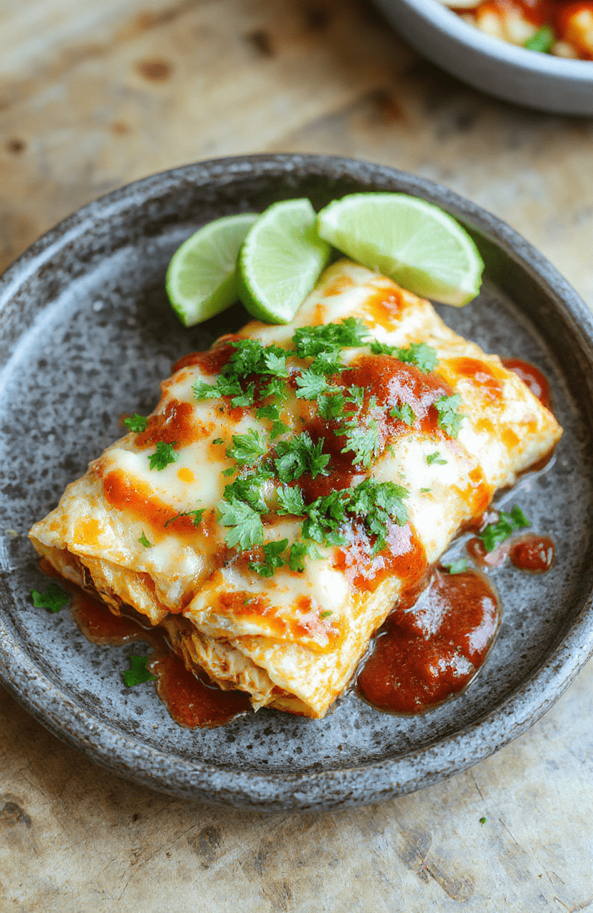 A plated serving of soft corn tortillas filled with shredded chicken and melty cheese, rolled and smothered in red enchilada sauce, topped with fresh cilantro and a dollop of sour cream, on a rustic white plate with a lime wedge and a side of beans, warm ambient lighting highlighting glossy cheese and vibrant sauce.