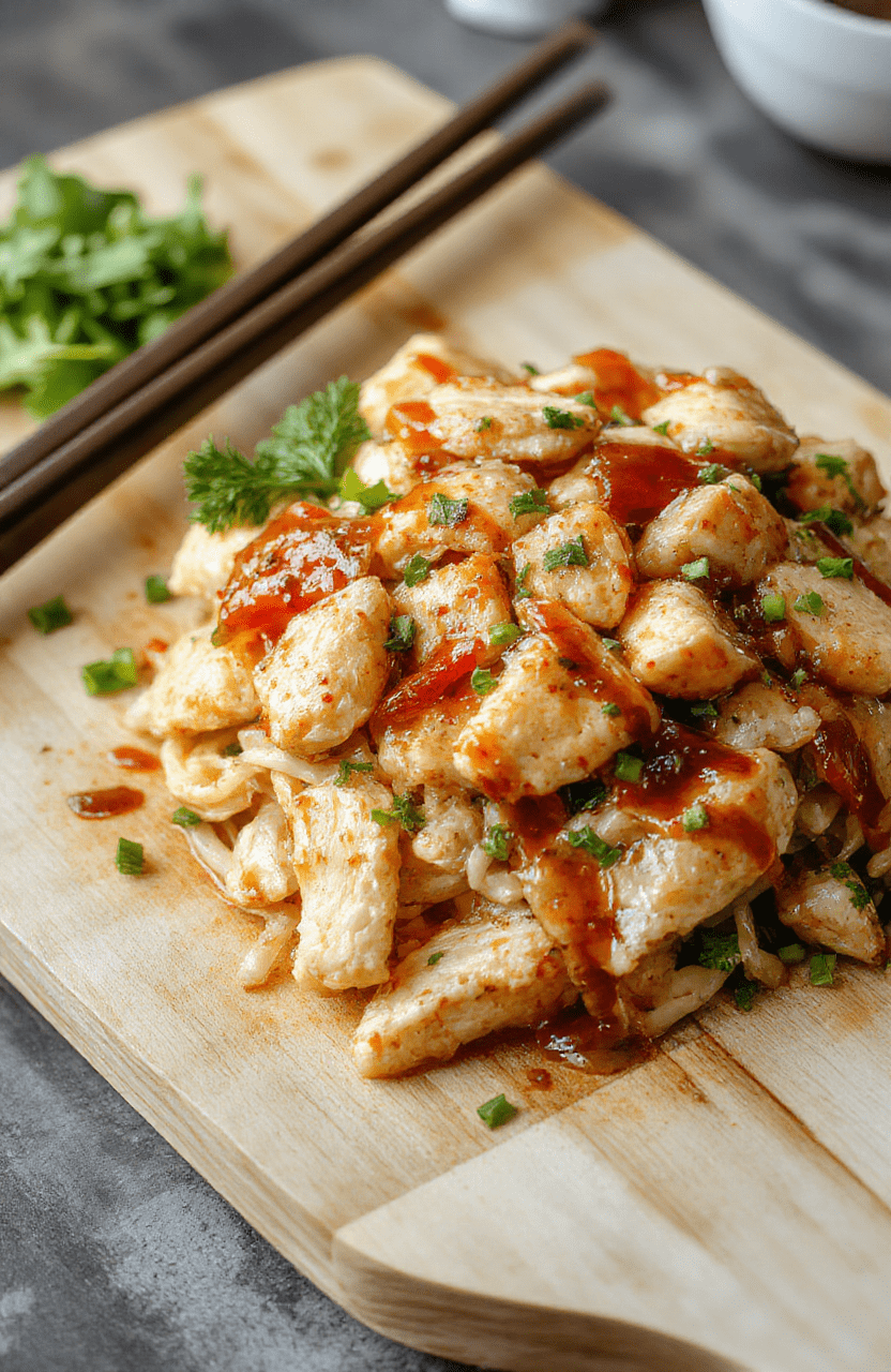 A glossy skillet of chicken teriyaki glazed with sesame, tossed with al dente noodles, sprinkled with sesame seeds and scallions on a white plate, with a light wooden background and fresh garnish.