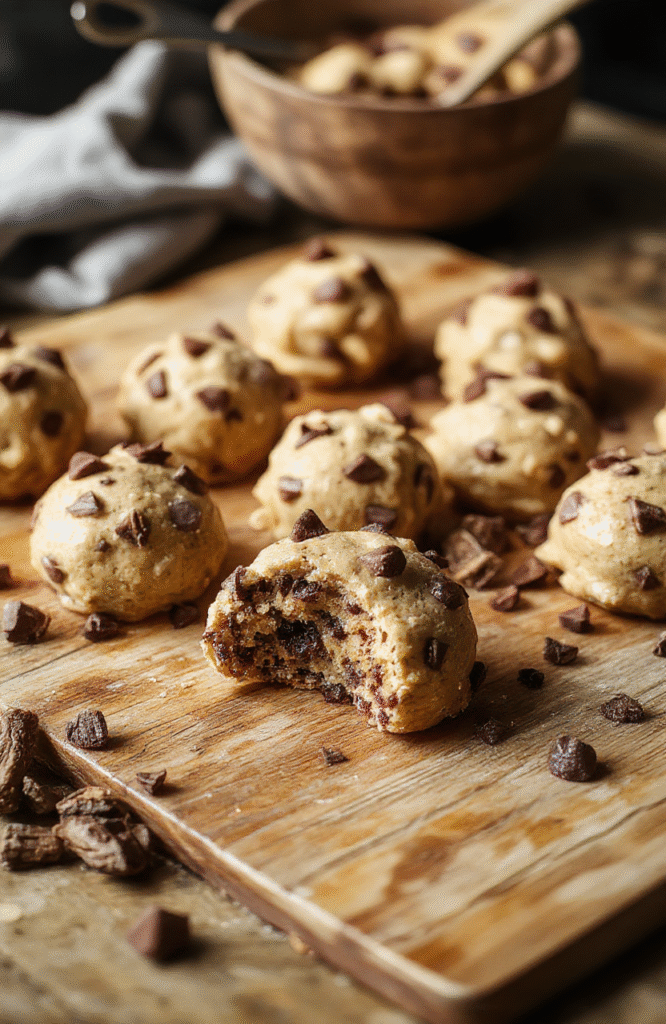 Golden-brown cookie dough truffles coated in glossy chocolate, speckled with tiny chips, arranged on a parchment-lined plate. The bite reveals a creamy, pale center. Plate sits on a marble kitchen counter with a light dusting of powdered sugar and a few chopped nuts for texture, styled simply and inviting.