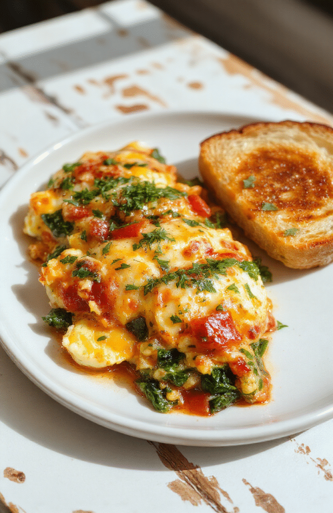 A golden plate of fluffy scrambled eggs with melted cheese, diced peppers, and herbs sits atop buttered toast on a rustic wooden board. The bright natural daylight highlights creamy textures, glossy yolks, and colorful vegetables, with a light dusting of pepper and chives for garnish. A small skillet and ramekin of cheese sit in the soft background for context.