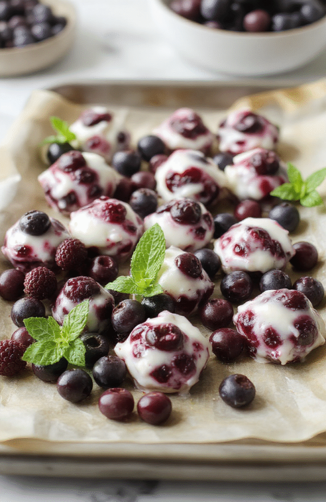 Bright white vanilla yogurt swirls with plump blueberries arranged on a parchment-lined tray, frozen into bite-sized rounds. The bites sit on a clean marble surface with a few berries for pop and a mint leaf for color. Creamy, glossy yogurt coats each bite, with a hint of vanilla and berry sweetness. The scene feels fresh, wholesome, and kid-friendly.