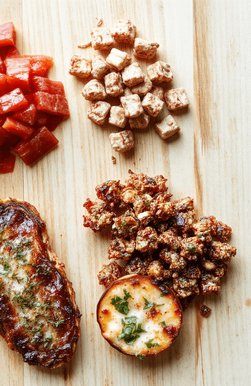 A tray of no-bake protein snack bites sits on a light wooden board, surrounded by oats, chia seeds, and a jar of peanut butter. Bites are glossy and speckled with coconut flakes, with a clean white plate in the background and natural daylight highlighting textures.
