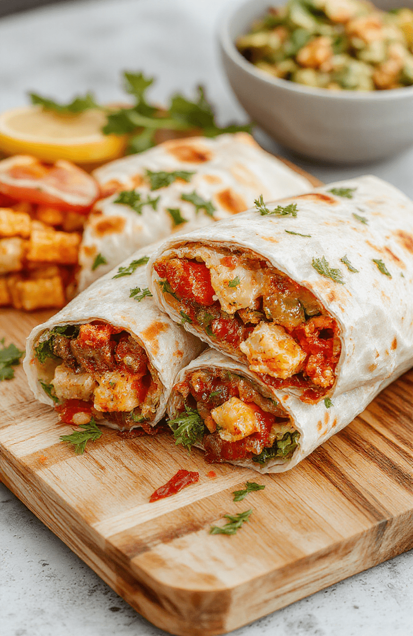 Bright, close-up view of a plate with four whole-wheat wraps rolled and sliced to show a vibrant filling of shredded chicken, quinoa, black beans, diced peppers, and a dollop of lime yogurt sauce. Garnished with fresh cilantro and a lime wedge, on a white plate set on a light wooden board with a crisp green salad on the side. Natural daylight highlights textures of the tortilla and creamy sauce.