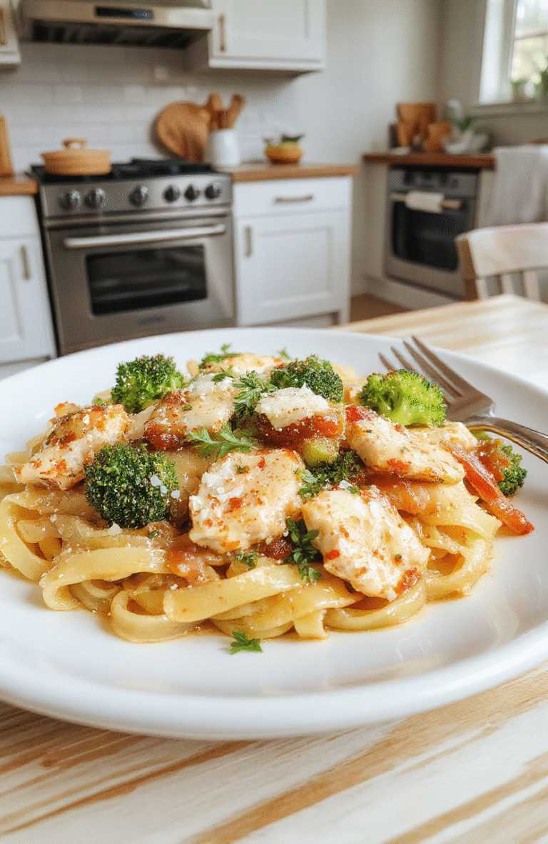 Plate of creamy chicken pasta with broccoli and red bell peppers on a light wooden table, parmesan sprinkled on top, fresh parsley garnish, colorful vegetables, cozy family kitchen vibe, steam rising, homey plating in natural daylight.