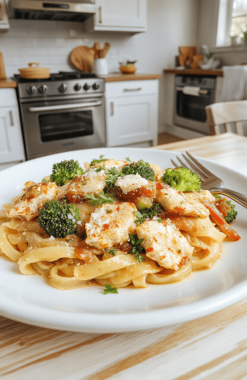 Plate of creamy chicken pasta with broccoli and red bell peppers on a light wooden table, parmesan sprinkled on top, fresh parsley garnish, colorful vegetables, cozy family kitchen vibe, steam rising, homey plating in natural daylight.