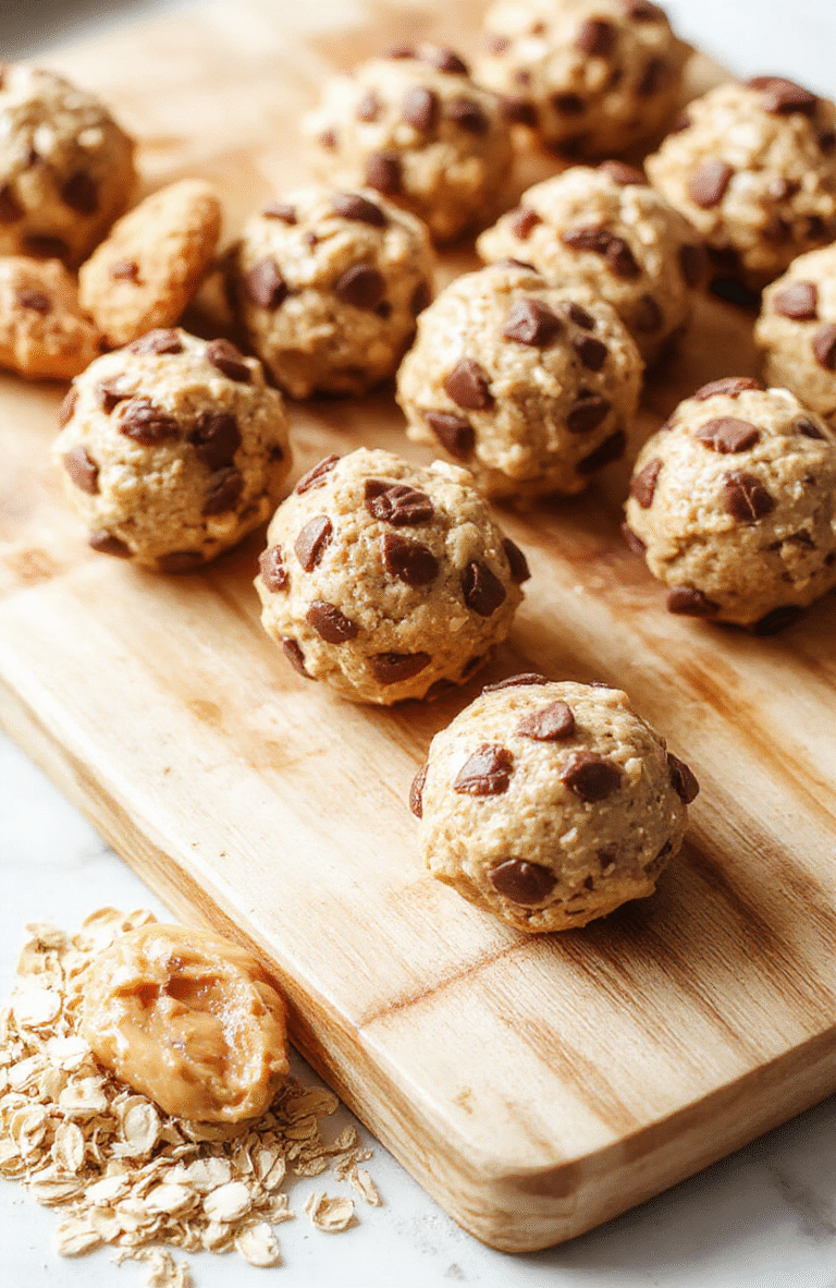 Creamy, pale cookie dough bites dotted with mini chocolate chips sit on a light plate, with a spoon of peanut butter and oats nearby. The no-bake treats reveal a soft, fudgy interior and a slightly sandy outer texture from almond flour. Simple, clean plating uses neutral tones to spotlight the bites.