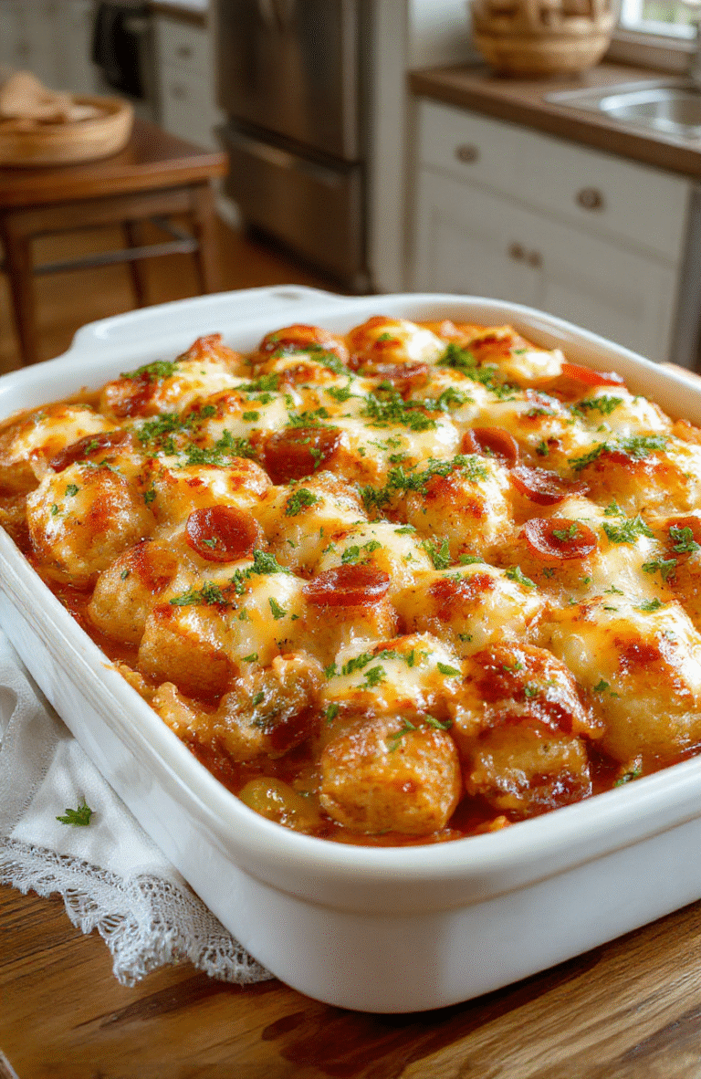A bubbling cheesy Pizza Tot Casserole in a white baking dish, topped with melted mozzarella, pepperoni and green peppers, resting on a wooden table with a drizzle of olive oil and fresh herbs; crispy-tot edges glow golden and steam rises from the melty topping.