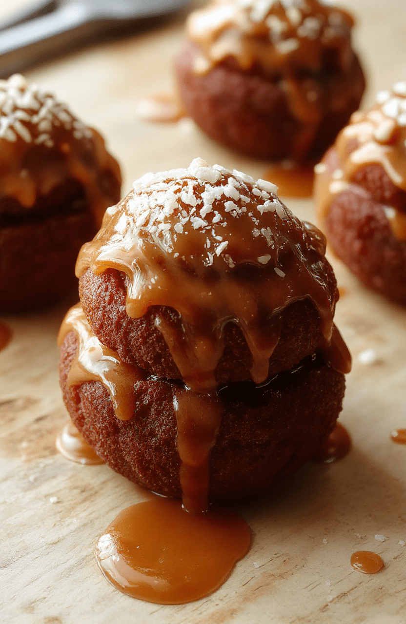 Golden-brown crust supports a pale, silky filling swirled with rich salted caramel; each square is drizzled with extra caramel and a hint of flaky sea salt, plated on a white dessert plate with a light dusting of powdered sugar and a mint leaf accent.