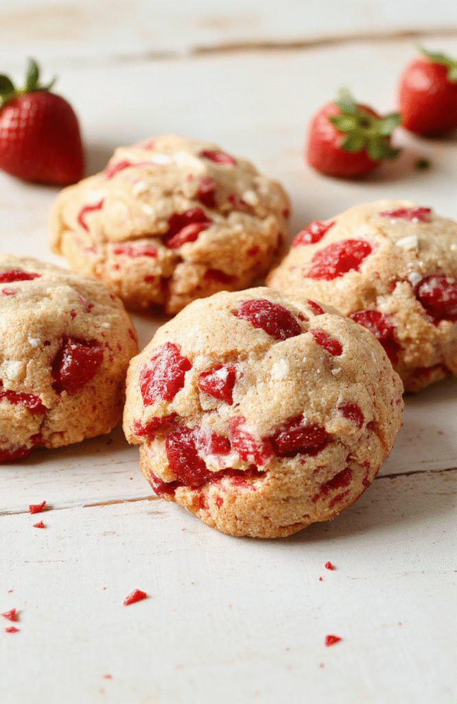 Bright, chewy strawberry cookies on a light wood board with a soft pink swirl, a dusting of sugar, and fresh berries nearby, styled for a homey, inviting bake.