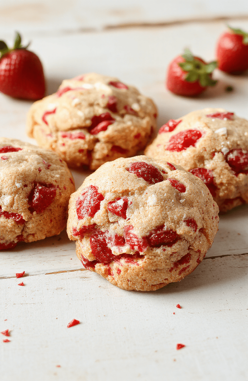 Bright, chewy strawberry cookies on a light wood board with a soft pink swirl, a dusting of sugar, and fresh berries nearby, styled for a homey, inviting bake.
