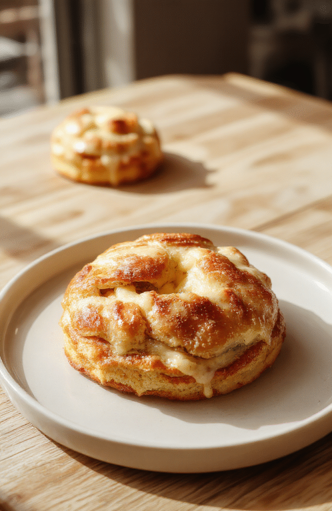A golden, flaky cheese Danish sits on a clean white plate, its layers visible from a crisp puff pastry, with a creamy cheese filling peeking from the center. Dusting of powdered sugar, warm caramel hues, and a small cup of coffee in the background create a cozy bakery-table scene.