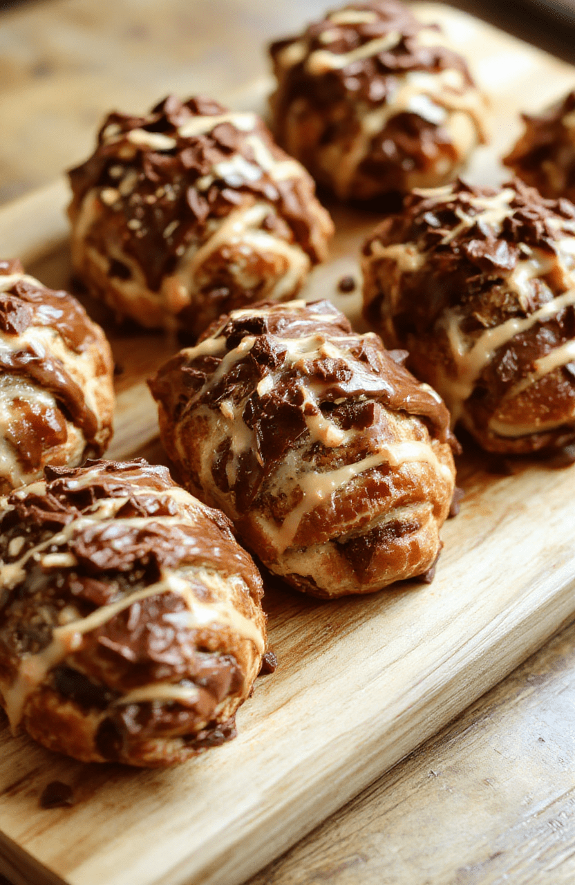 Golden flaky chocolate croissants displayed on a white plate with light dusting of powdered sugar, visible buttery layers and melting chocolate, rustic background and minimal garnish.