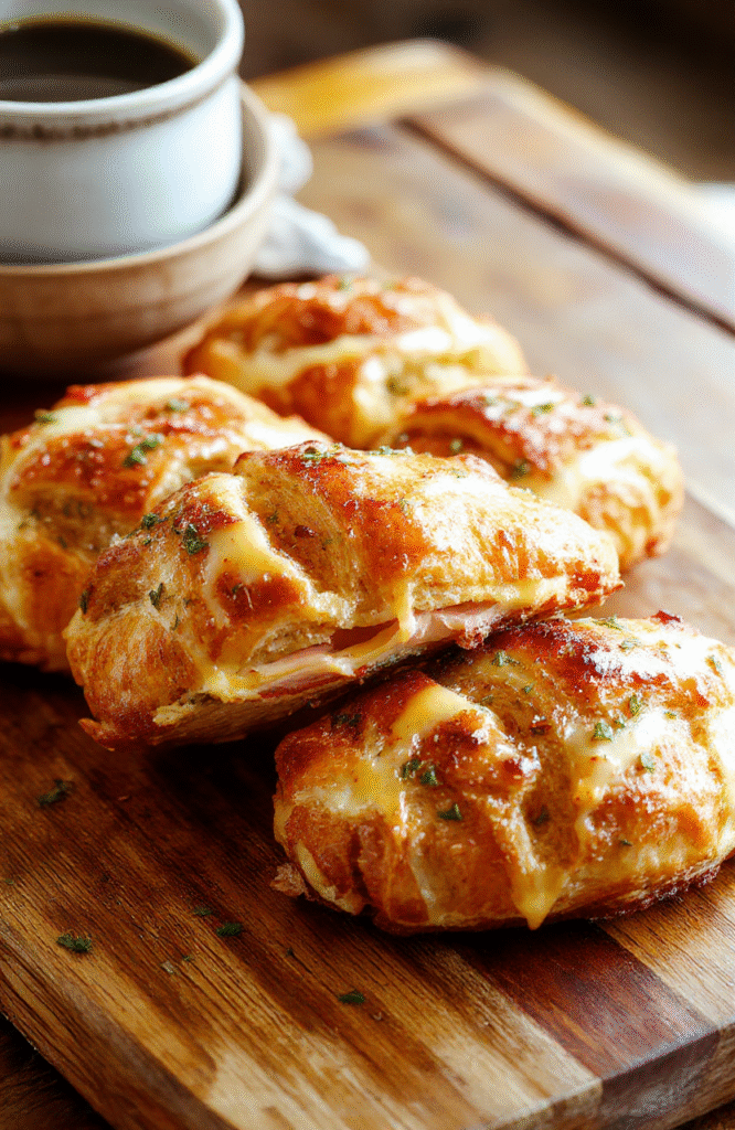 Golden flaky ham and cheese croissants on a light wooden board, melted cheese oozing slightly, ham slices peeking through, a dab of butter, fresh herbs for garnish, warm morning light, soft shadows.