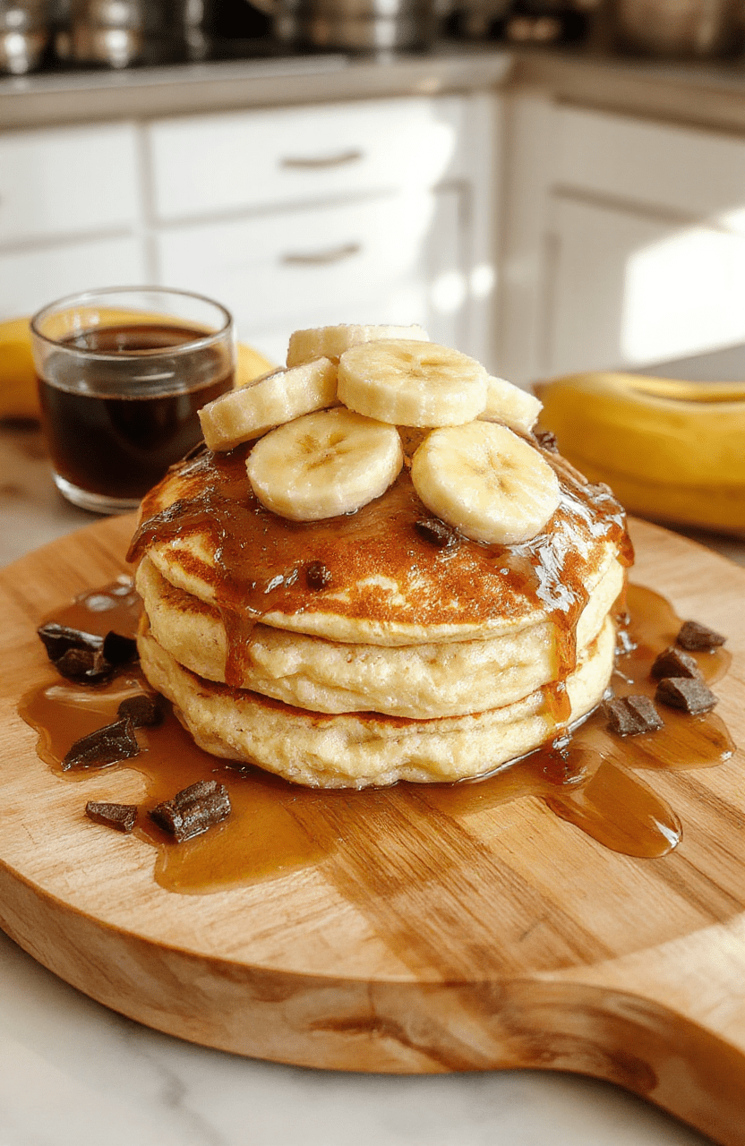 Golden fluffy mini banana pancakes stacked on a white plate with sliced bananas, blueberries, and a drizzle of maple syrup, minimalist garnish, warm natural light, wooden table, inviting and colorful.