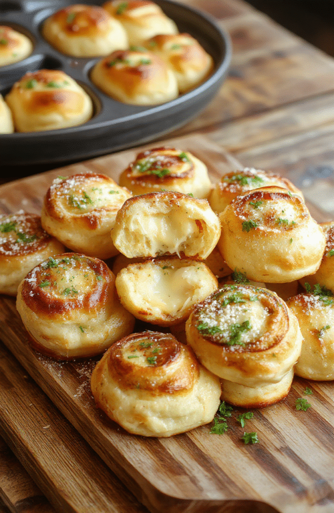 Golden fluffy garlic cheese rolls on a wooden board, gooey mozzarella centers, garlic butter glaze, parmesan dusting, and chopped parsley, warm and appetizing.
