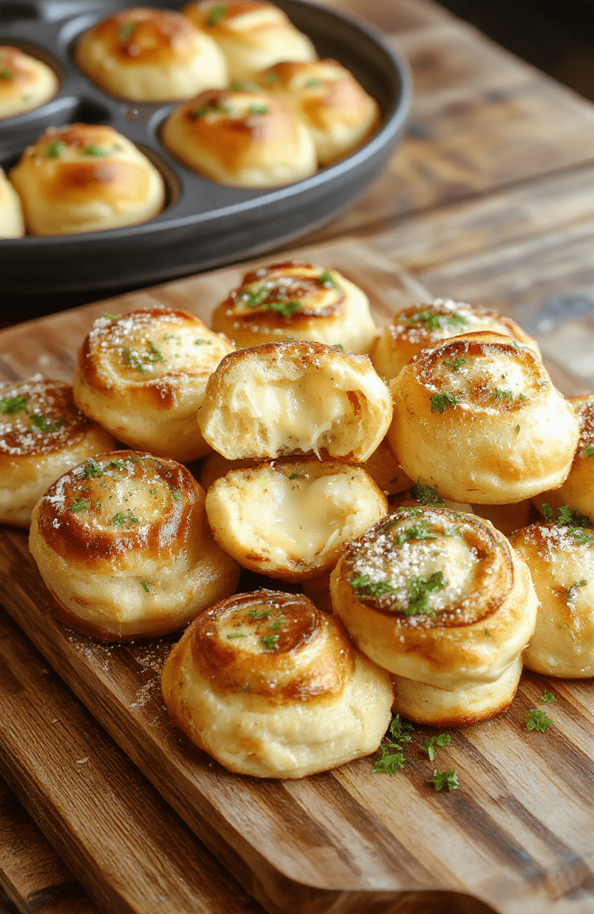 Golden fluffy garlic cheese rolls on a wooden board, gooey mozzarella centers, garlic butter glaze, parmesan dusting, and chopped parsley, warm and appetizing.