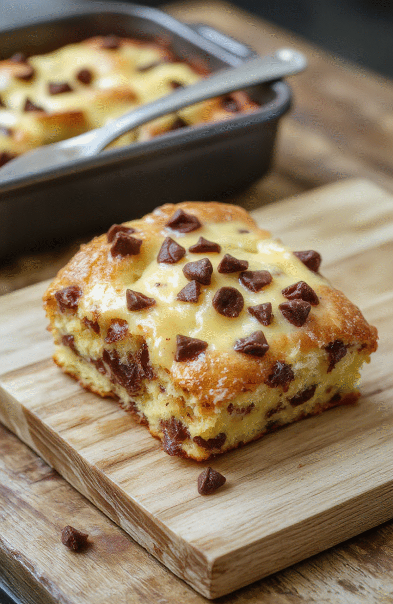 Golden, fluffy custard brioche bake with pockets of melted chocolate chips, cut into squares and arranged in a light baking dish. The top is lightly caramelized and puffed, with a fine dusting of powdered sugar; a few glossy chips peek through, and a splash of warm morning light makes the dish look inviting.
