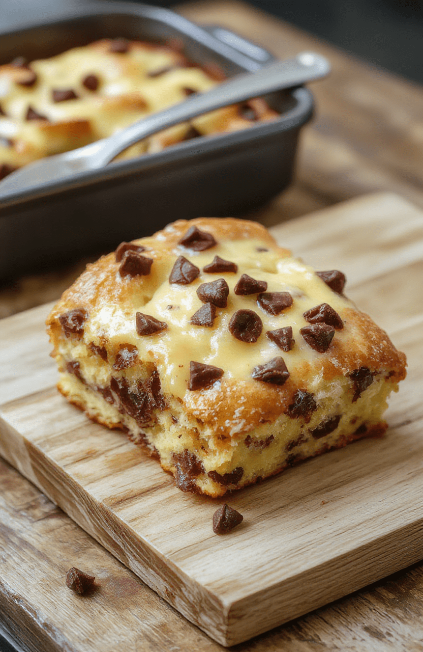 Golden, fluffy custard brioche bake with pockets of melted chocolate chips, cut into squares and arranged in a light baking dish. The top is lightly caramelized and puffed, with a fine dusting of powdered sugar; a few glossy chips peek through, and a splash of warm morning light makes the dish look inviting.